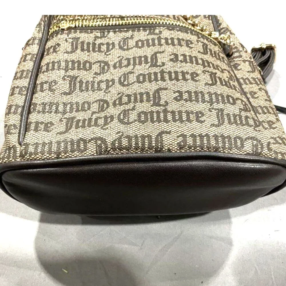 NWT Juicy Couture Gothic Logo Signature Print Mini Backpack Purse Brown Khaki